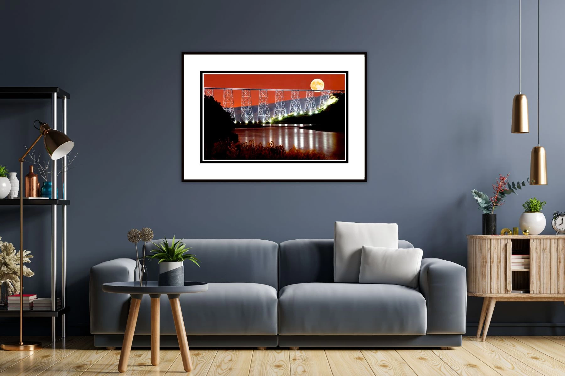 Lethbridge high level train bridge framed over a sofa